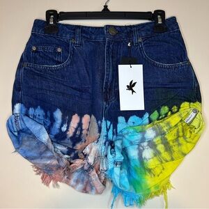 One Teaspoon Bandits High Waist Denim Shorts - Paint Dipped Blue size 28